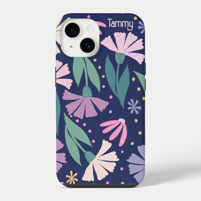 Coque Pour iPhone 14 Fille moderne rose Fleurs coque iphone bleu marine (Verso)