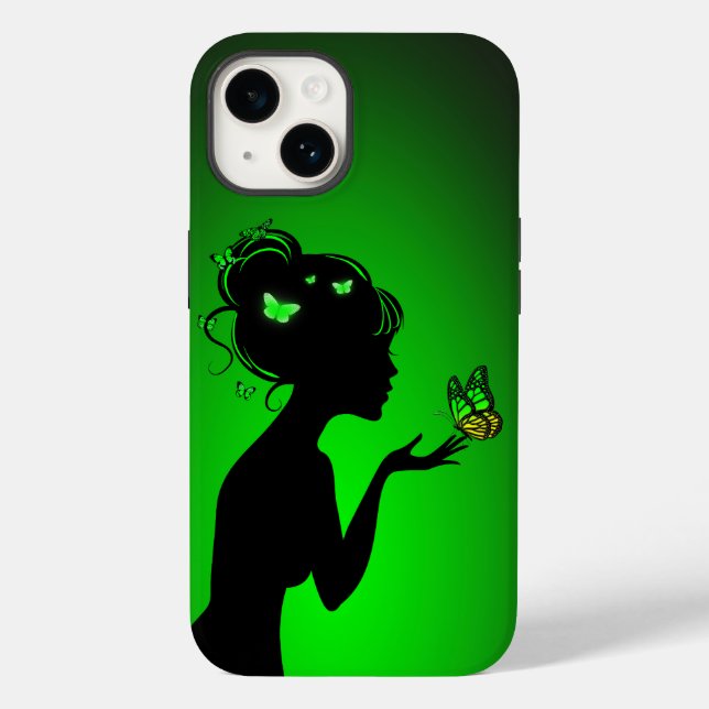 Coque Pour iPhone 14 La femme papillons verts (Verso)