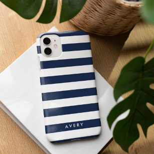 Coque Pour iPhone 14 Modern Navy and White Stripe Personalized