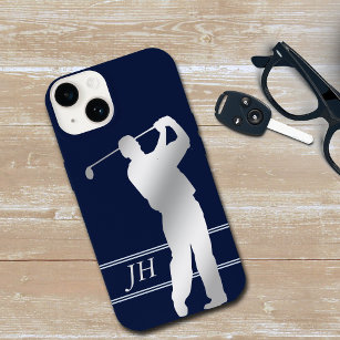 Coque Pour iPhone 14 Silver Silhouette Golfer Monogramme