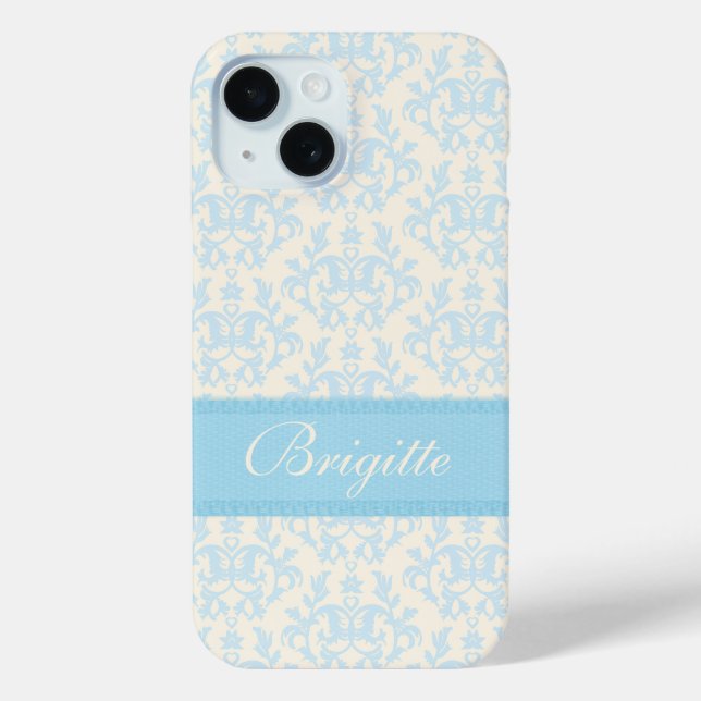 Coque Pour iPhone 15 Coque iphone damassé bleu clair & crème (Verso)