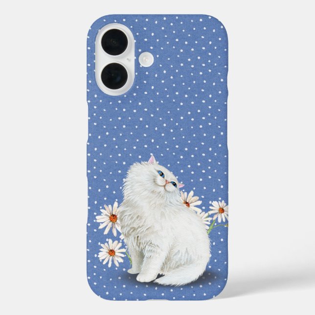 Coque Pour iPhone 16 chat perse blanc sur Coque bleu-coque iphone Mate (Verso)