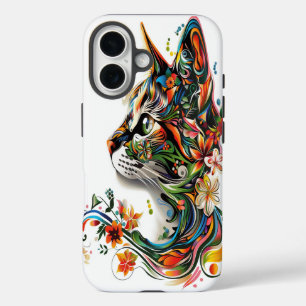 Coque Pour iPhone 16 Coloré Floral Cat Art coque iphone