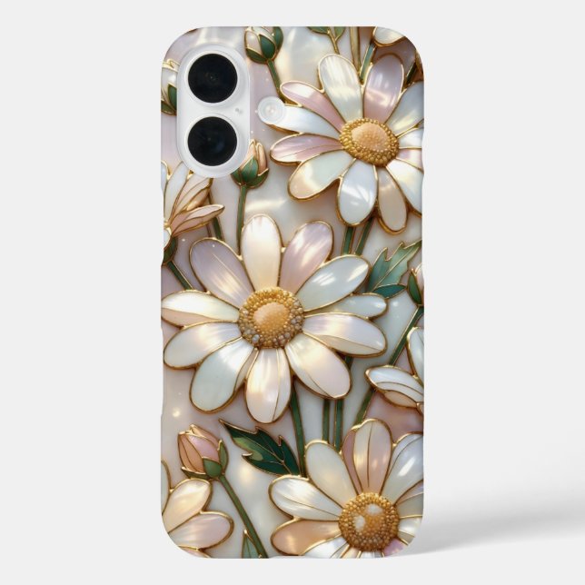 Coque Pour iPhone 16 Coque iPhone Elegant Daisy Vitrail Ivoire Or (Verso)
