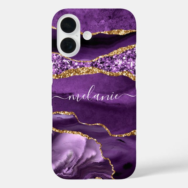 Coque Pour iPhone 16 Coque iphone en marbre doré violet avec nom person (Verso)