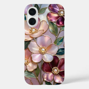 Coque Pour iPhone 16 Coque iPhone Fleur Élégante Verre Teinté Rose Or