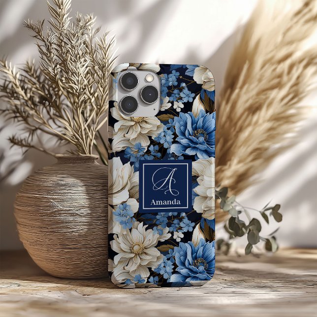 Coque Pour iPhone 16 Coque iPhone Fleurs Bleu Nuit Opulentes Élégantes (Opulent Navy Blue Flowers iPhone Case Elegant Style)