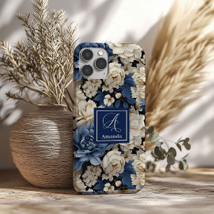 Coque Pour iPhone 16 Coque iPhone Fleurs Navy Bleu Floral Élégant