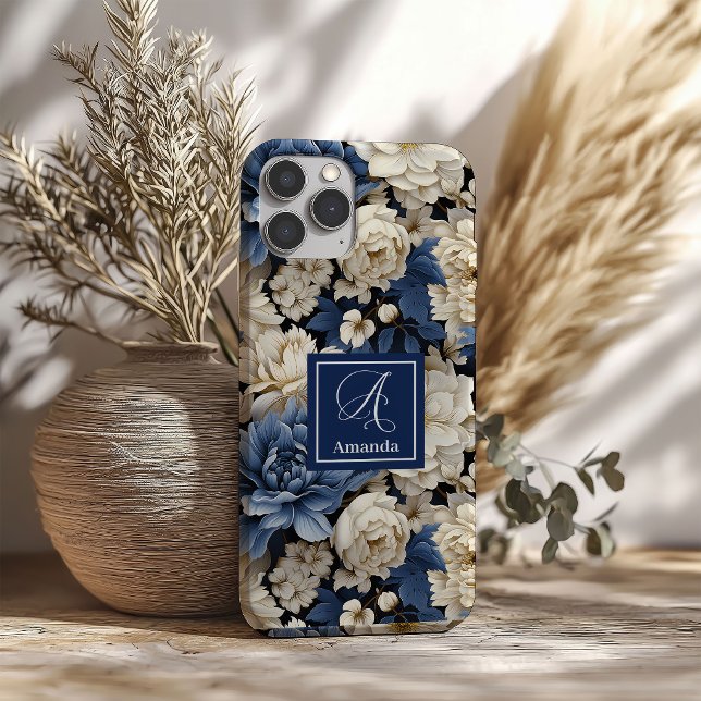 Coque Pour iPhone 16 Coque iPhone Fleurs Navy Bleu Floral Élégant (Beautiful Navy Flowers iPhone Case Blue Floral Style)
