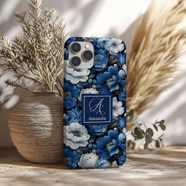 Coque Pour iPhone 16 Coque iPhone Fleurs Navy Élégant Design Floral Ble (Stylish Navy Flowers iPhone Case Blue Floral Design)