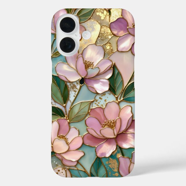 Coque Pour iPhone 16 Coque iPhone Fleurs Roses Motif Vitrail Doré (Verso)