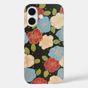 Coque Pour iPhone 16 Coque iphone floral de bleus, roses, vert et or