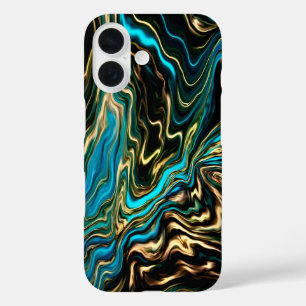 Coque Pour iPhone 16 Coque iphone noir turquoise à rouleaux liquides