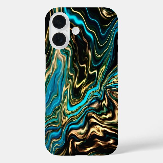 Coque Pour iPhone 16 Coque iphone noir turquoise à rouleaux liquides (Verso)