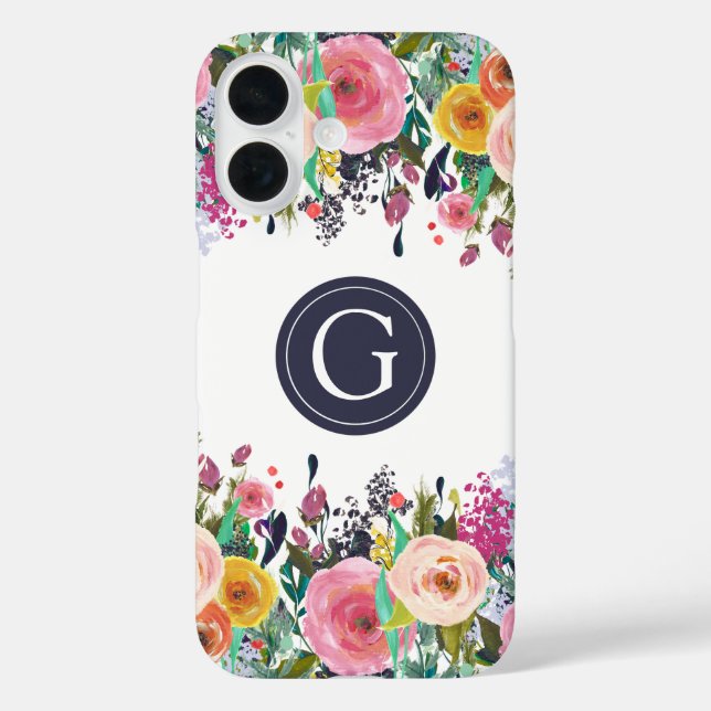 Coque Pour iPhone 16 Coque iphone pomme Monogramme Floral Peint (Verso)