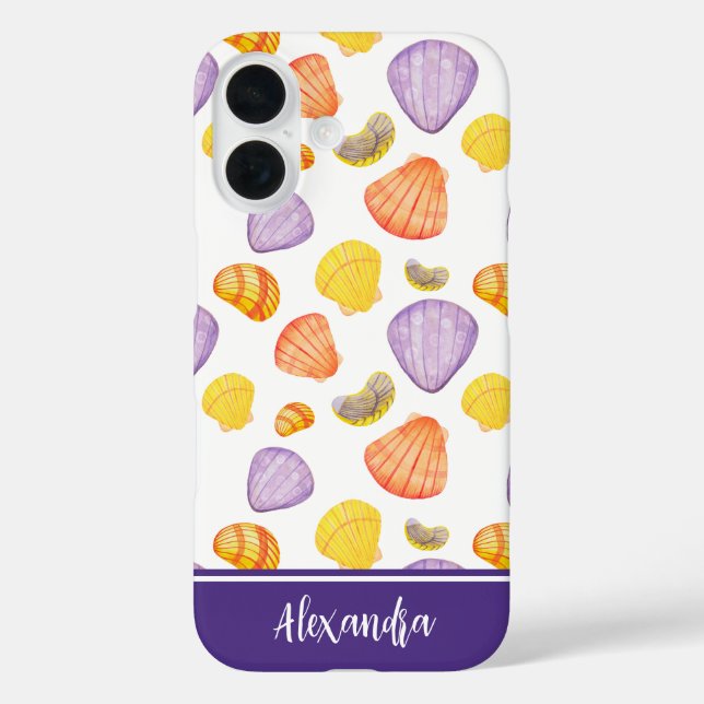 Coque Pour iPhone 16 Coquillages d'aquarelle avec coque iphone de nom (Verso)