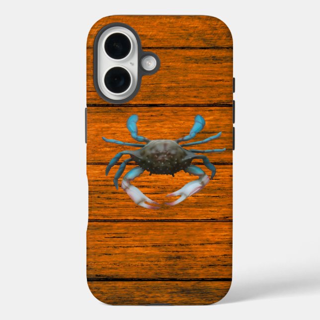 Coque Pour iPhone 16 Crabe bleu Grain en bois iPhone 16 Coque (Verso)