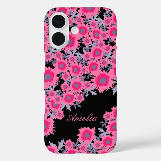 Coque Pour iPhone 16 Joli pavot rose noir damassé nom coque iphone (Verso)