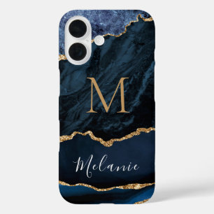 Coque Pour iPhone 16 Marbre bleu or Votre lettre Nom coque iphone