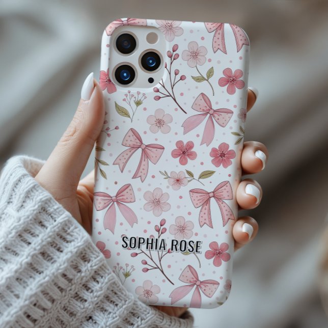 Coque Pour iPhone 16 Preppy Bow Motif coque iphone de nom personnalisé (Preppy bows pattern iphone case with personalized name, coquette and feminine aesthetic)