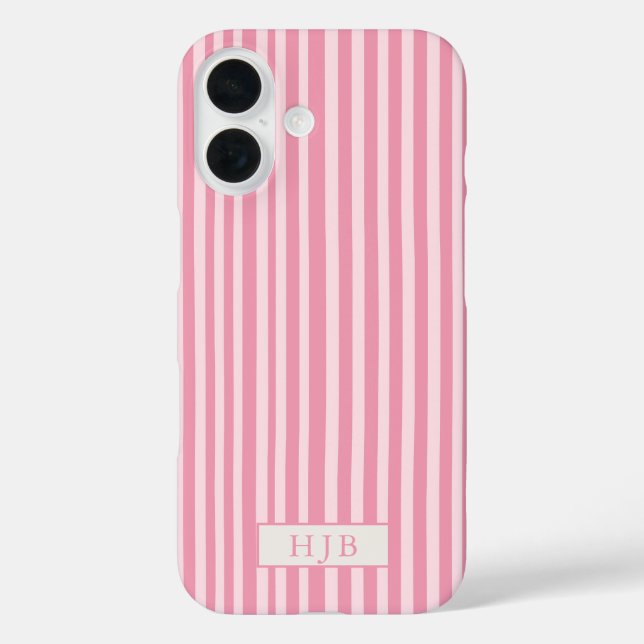 Coque Pour iPhone 16 Preppy Pink Stripe Monogramme Joli iPhone 16 Coque (Verso)
