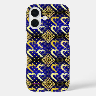 Coque Pour iPhone 16 Royal Blue et Gold Hearts de luxe iPhone 16 Coque
