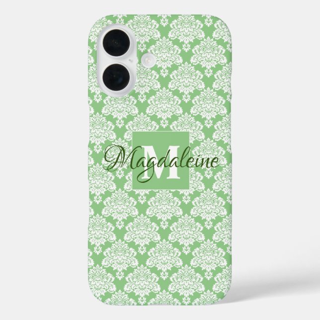 Coque Pour iPhone 16 Sage Green Damask coque ipad iPhone avec Monogramm (Verso)
