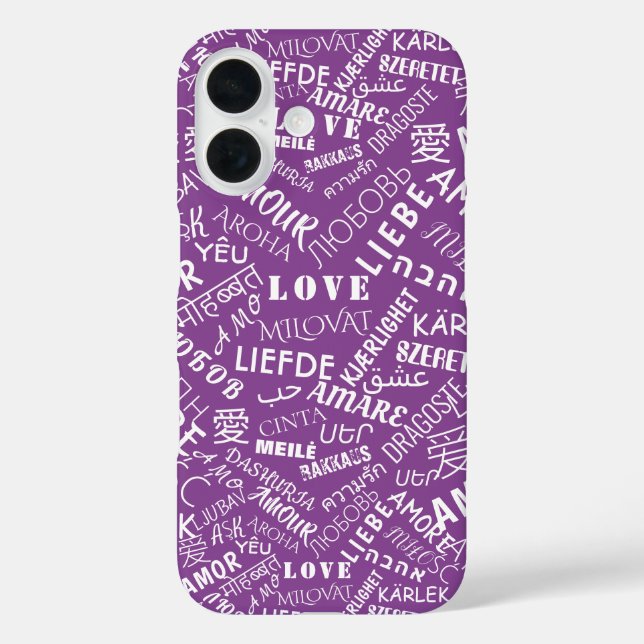 Coque Pour iPhone 16 Texte d'amour multilingue coque iphone violet (Verso)