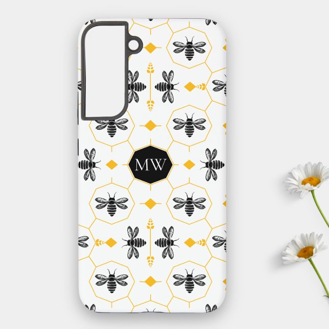 Coque Samsung Galaxy Abeille Monogrammée Moderne Noir Jaune Chic Nid d' (Modern Bee Monogram Samsung s22 Phone Case)