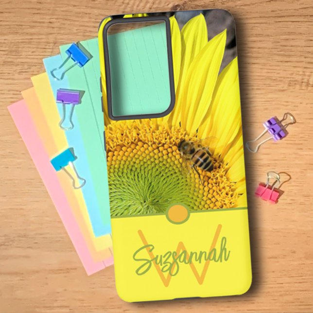 Coque Samsung Galaxy Abeille sur tournesol Lettre initiale Monogramme (Créateur téléchargé)