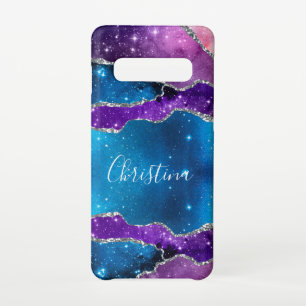 Coque Samsung Galaxy S10 Agate Marbré Violet et Bleu & Paillettes Argentées