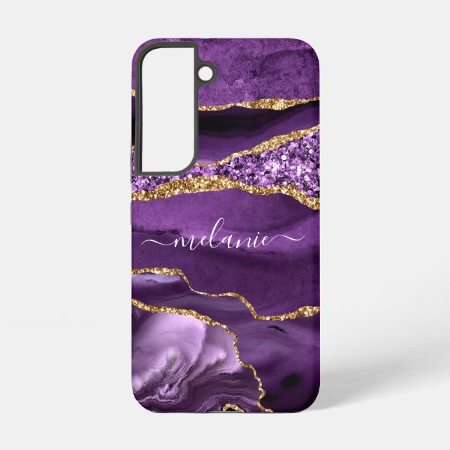 Coque Samsung Galaxy Agate Purple Gold Sparkly Marble Nom personnalisé (Verso)