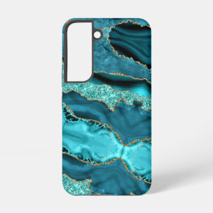 Coque Samsung Galaxy Agate Turquoise Blue Gold Parties scintillant Marb