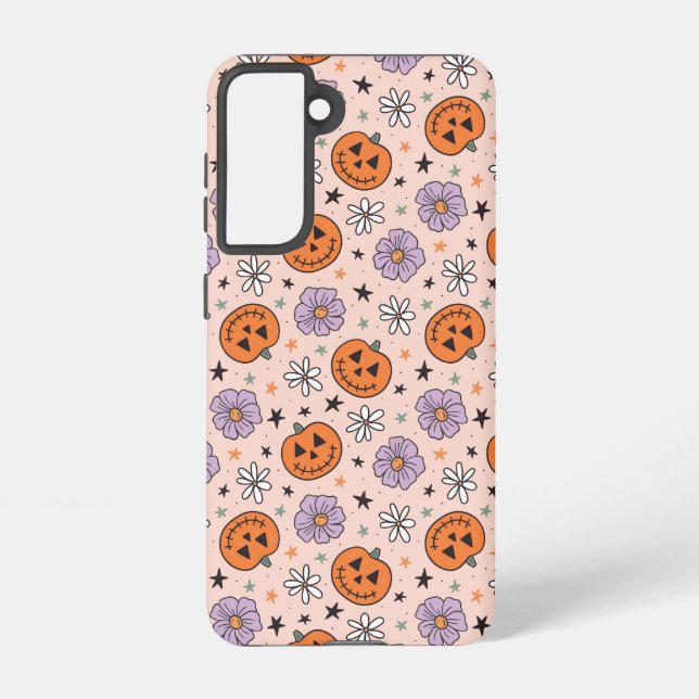 Coque Samsung Galaxy Amusants Citrouilles d'Halloween et Fleurs Motif (Verso)