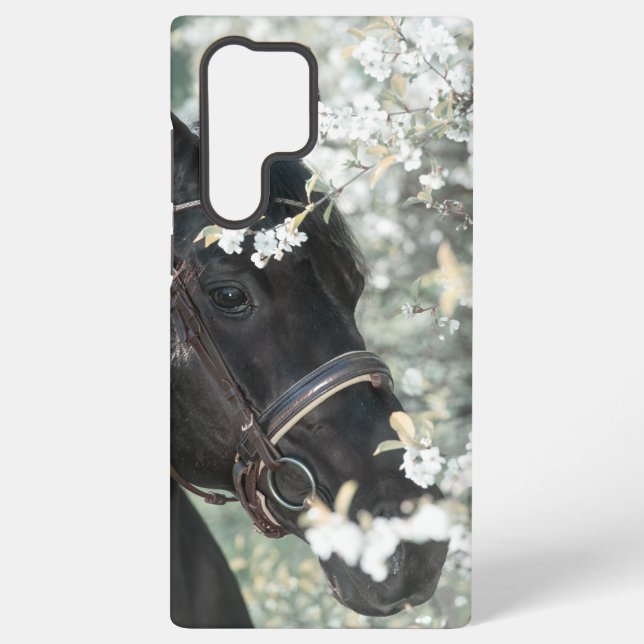 Coque Samsung Galaxy art printemps closeup portrait de cheval noir (Verso)