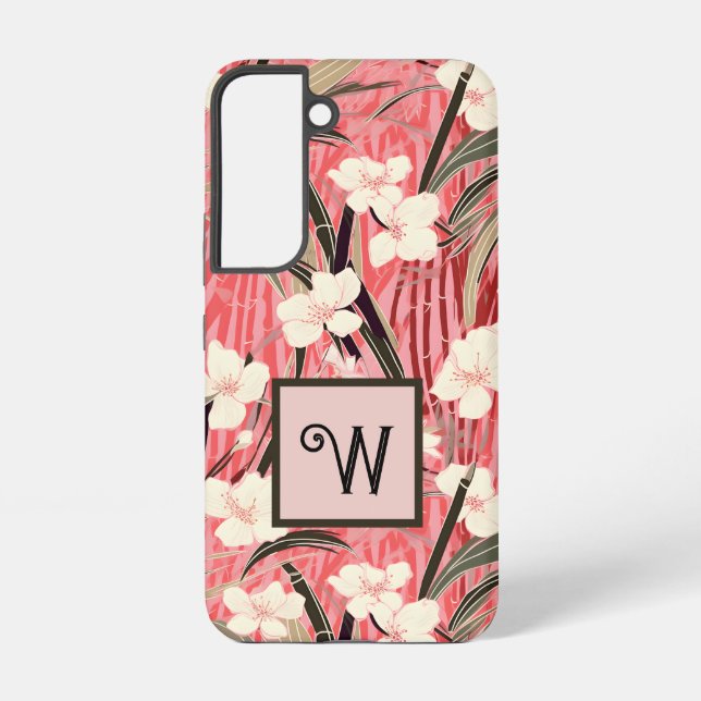 Coque Samsung Galaxy Asian Floral Pink Peach White Chinoiserie Monogram (Verso)