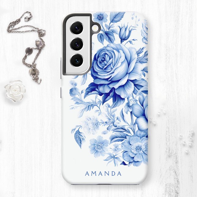 Coque Samsung Galaxy Beau bleu/blanc Roses personnalisés (Créateur téléchargé)