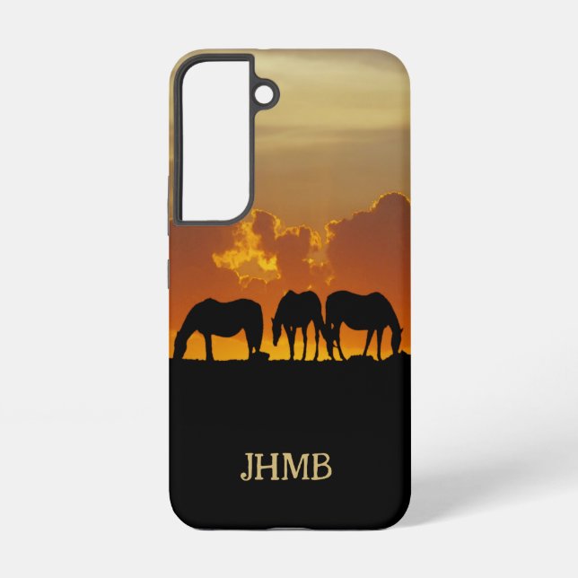 Coque Samsung Galaxy Beaux Chevaux au Coucher de Soleil Soir Initiales  (Verso)