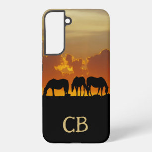Coque Samsung Galaxy Beaux Chevaux au Coucher de Soleil Soir Initiales