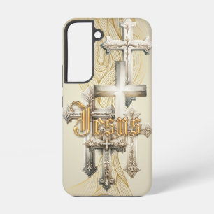 Coque Samsung Galaxy Bible Inspirant Croix Or Jésus Beige/Gris