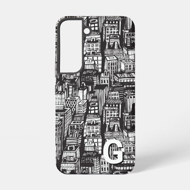 Coque Samsung Galaxy Black & White Downtown City, gratte-ciel, Monogram (Verso)