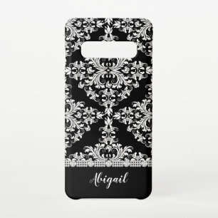 Coque Samsung Galaxy S10 Blanc sur Damas noir avec des pavés et un nom