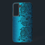 Coque Samsung Galaxy Bleu Aqua Métallurgique Avec Dentelle Paisley Noir<br><div class="desc">Image d'un look d'aluminium brossé à motif métallique bleu aqua avec dentelle en cachemire floral noir.</div>