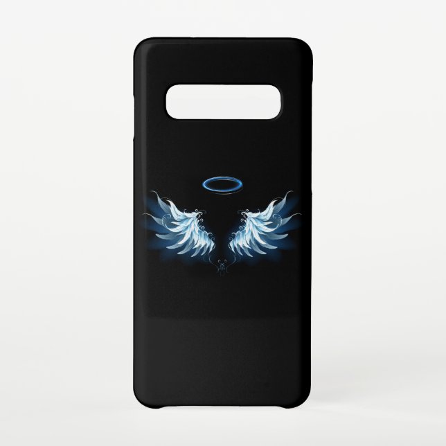 Coque Samsung Galaxy Blue Glowing Angel Wings on black background (Dos)