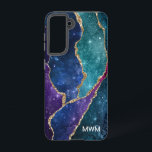 Coque Samsung Galaxy Blue Purple Aqua Gold Veines Agate Monogramme<br><div class="desc">Protégez votre téléphone avec style grâce à ce design chic avec votre monogramme et des tons colorés d'agate bleu,  violet et aqua avec des veines métalliques en feuille d'or et des étoiles brillantes.</div>
