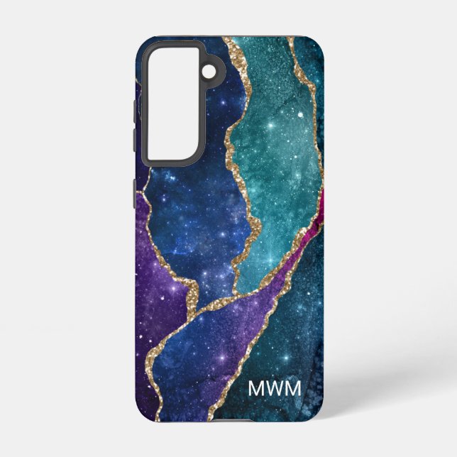 Coque Samsung Galaxy Blue Purple Aqua Gold Veines Agate Monogramme (Verso)