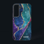 Coque Samsung Galaxy Blue Purple Aqua Gold Veines Agate Monogramme<br><div class="desc">Protégez votre téléphone avec style grâce à ce design chic avec votre monogramme et des tons colorés d'agate bleu,  violet et aqua avec des veines métalliques en feuille d'or et des étoiles brillantes.</div>