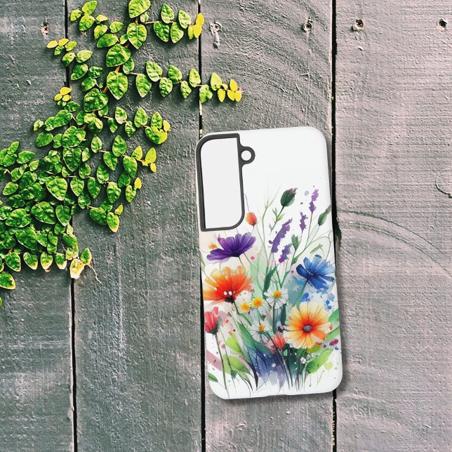Coque Samsung Galaxy Boho Fleurs sauvages violet bleu jaune oranger Fle (Wildflowers Blue Purple Orange Flowers with Greenery Floral Watercolor Samsung phone case)