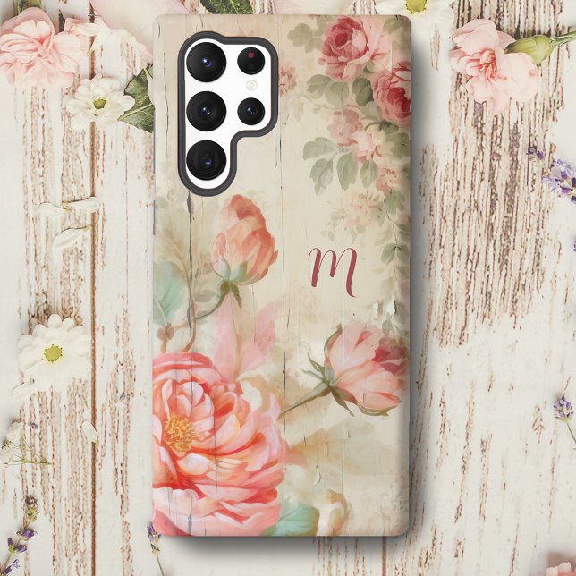 Coque Samsung Galaxy Boho rustique aquarelle Roses antiques avec Monogr (Créateur téléchargé)