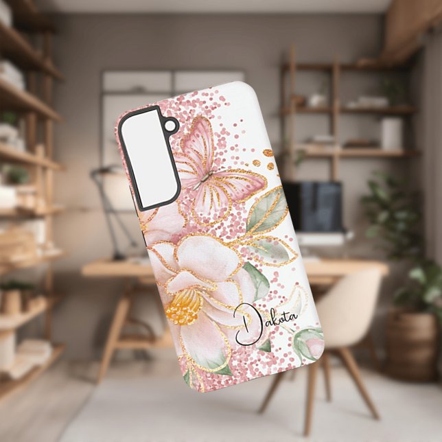 Coque Samsung Galaxy Boîtier téléphonique rose et papillon personnalisé (Créateur téléchargé)